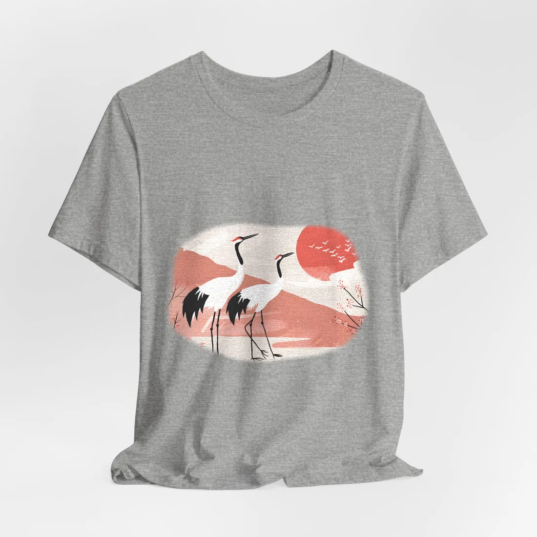 Serene Landscape with Cranes: Peaceful Nature Art - T-Shirt (Athletic Heather)