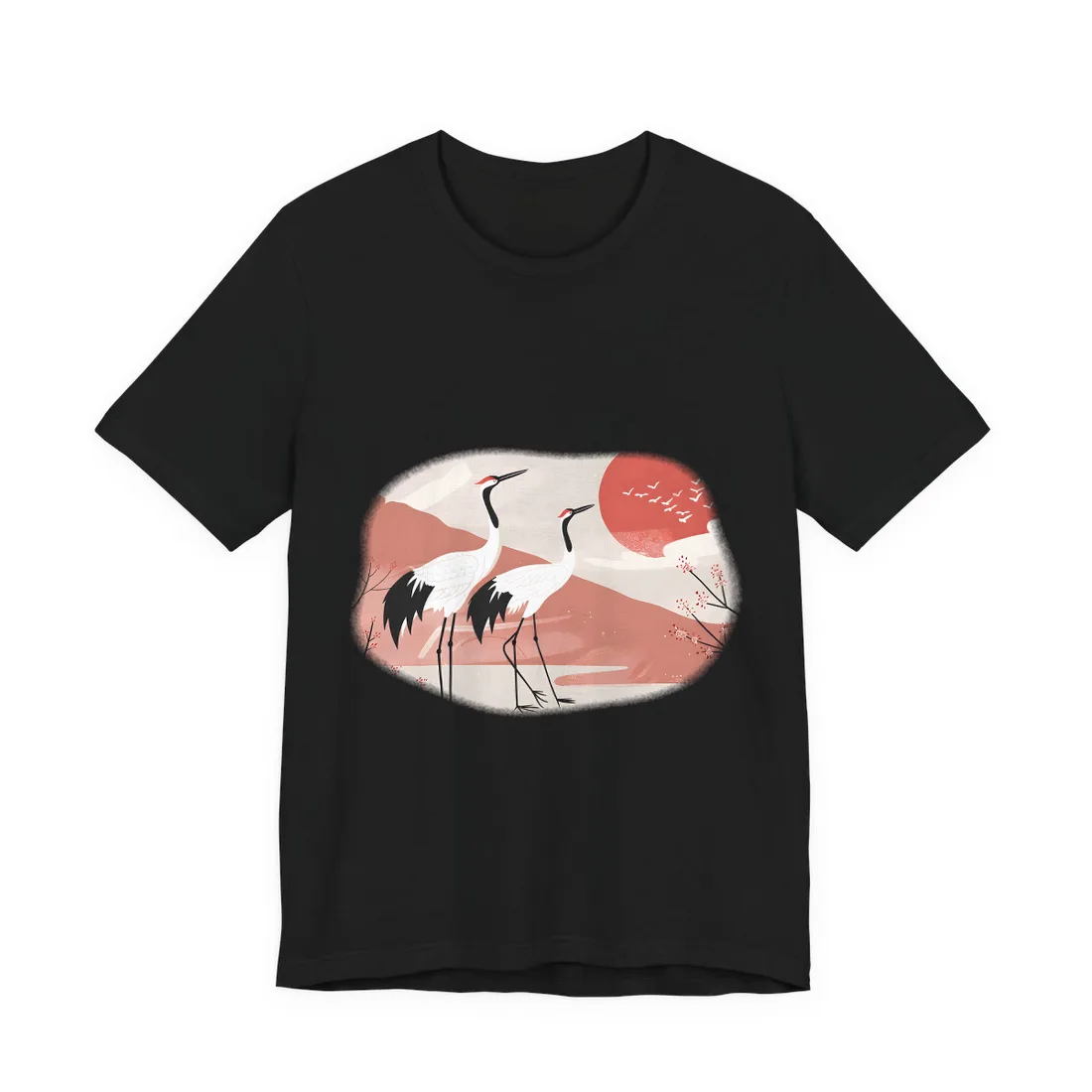 Serene Landscape with Cranes: Peaceful Nature Art - T-Shirt (Black)