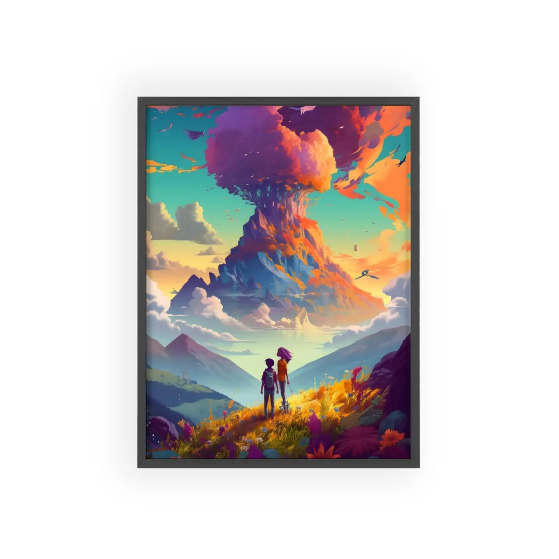 Serene Meadow Adventure: A Girl and a Boy in Nature - Framed Poster