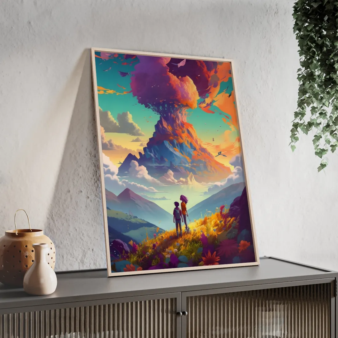 Serene Meadow Adventure: A Girl and a Boy in Nature - Framed Poster