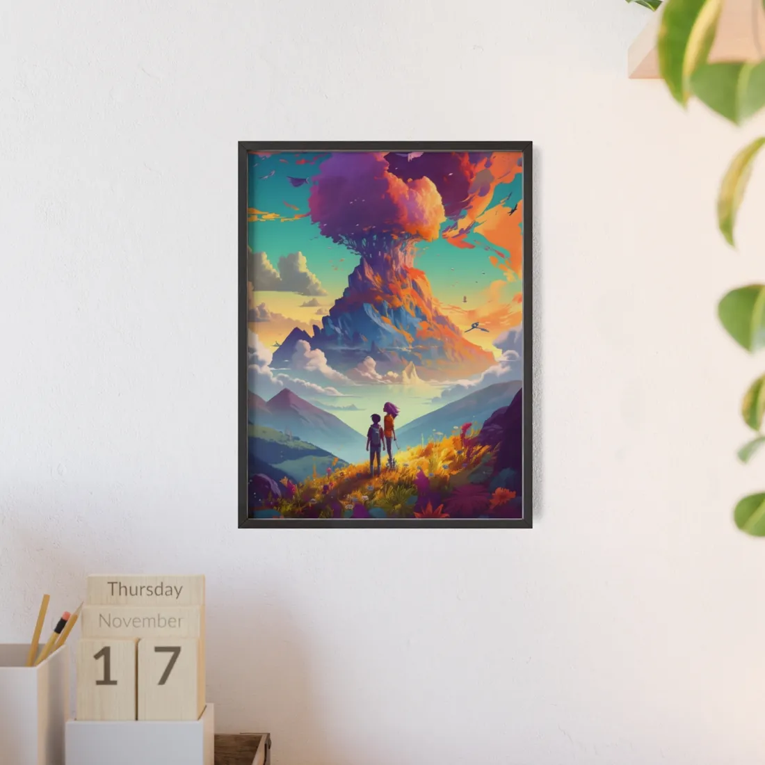 Serene Meadow Adventure: A Girl and a Boy in Nature - Framed Poster