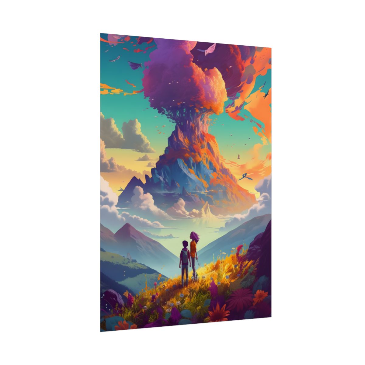 Children Watching Giant Floating Tree Mountain: Fantasy Landscape Art – Poster, side view