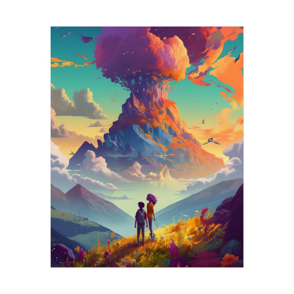 Children Watching Giant Floating Tree Mountain: Fantasy Landscape Art – Poster, front view