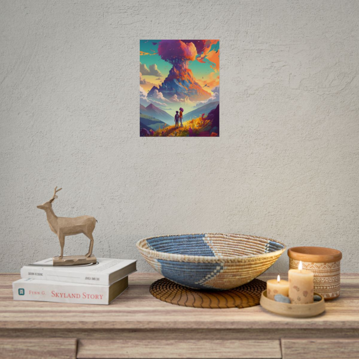 Children Watching Giant Floating Tree Mountain: Fantasy Landscape Art – Poster, lifestyle mockup