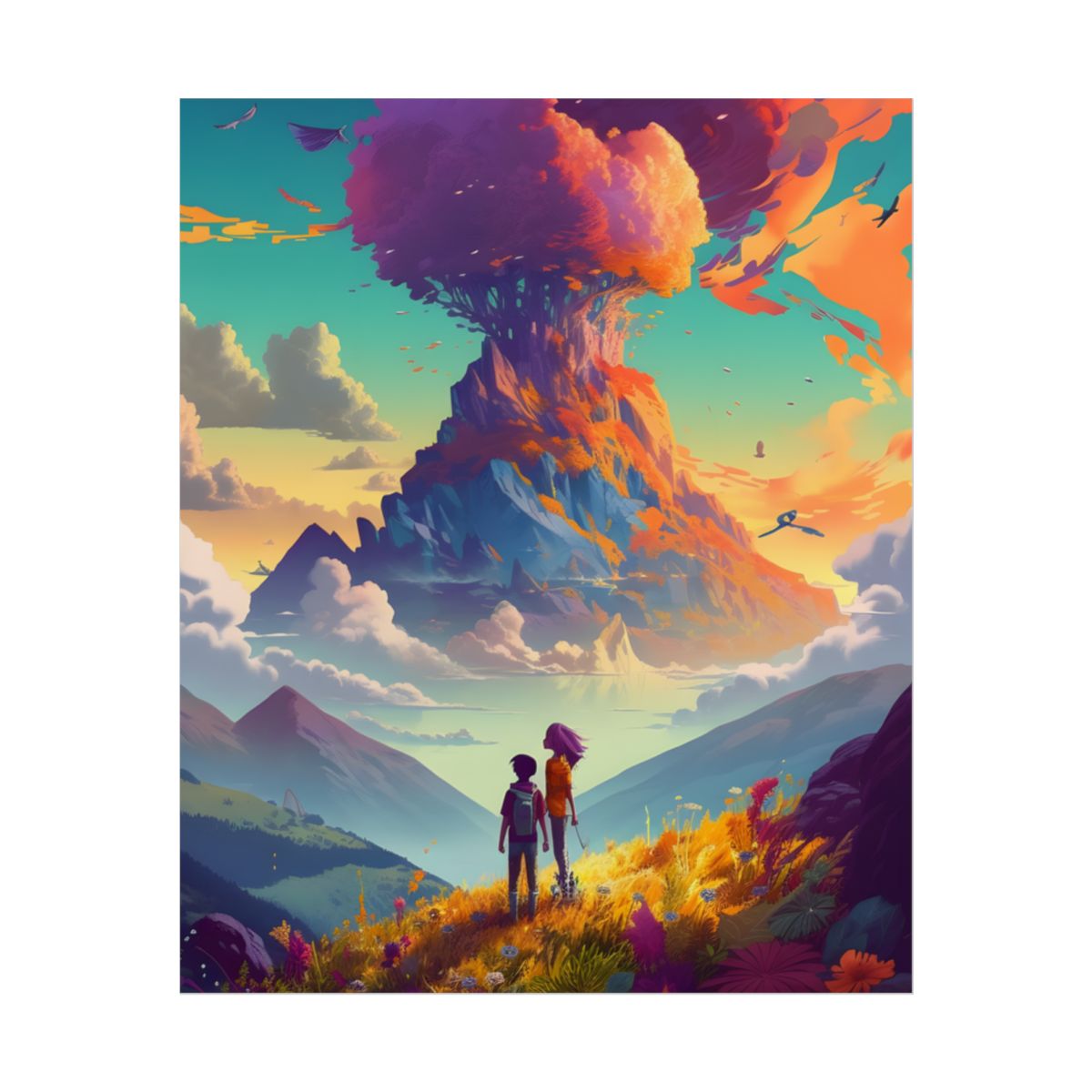 Children Watching Giant Floating Tree Mountain: Fantasy Landscape Art – Poster, front view