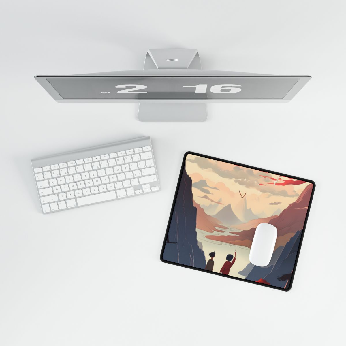 Serene Meadow Scene: Girl & Boy Under Cloudy Sky - Desk Mat
