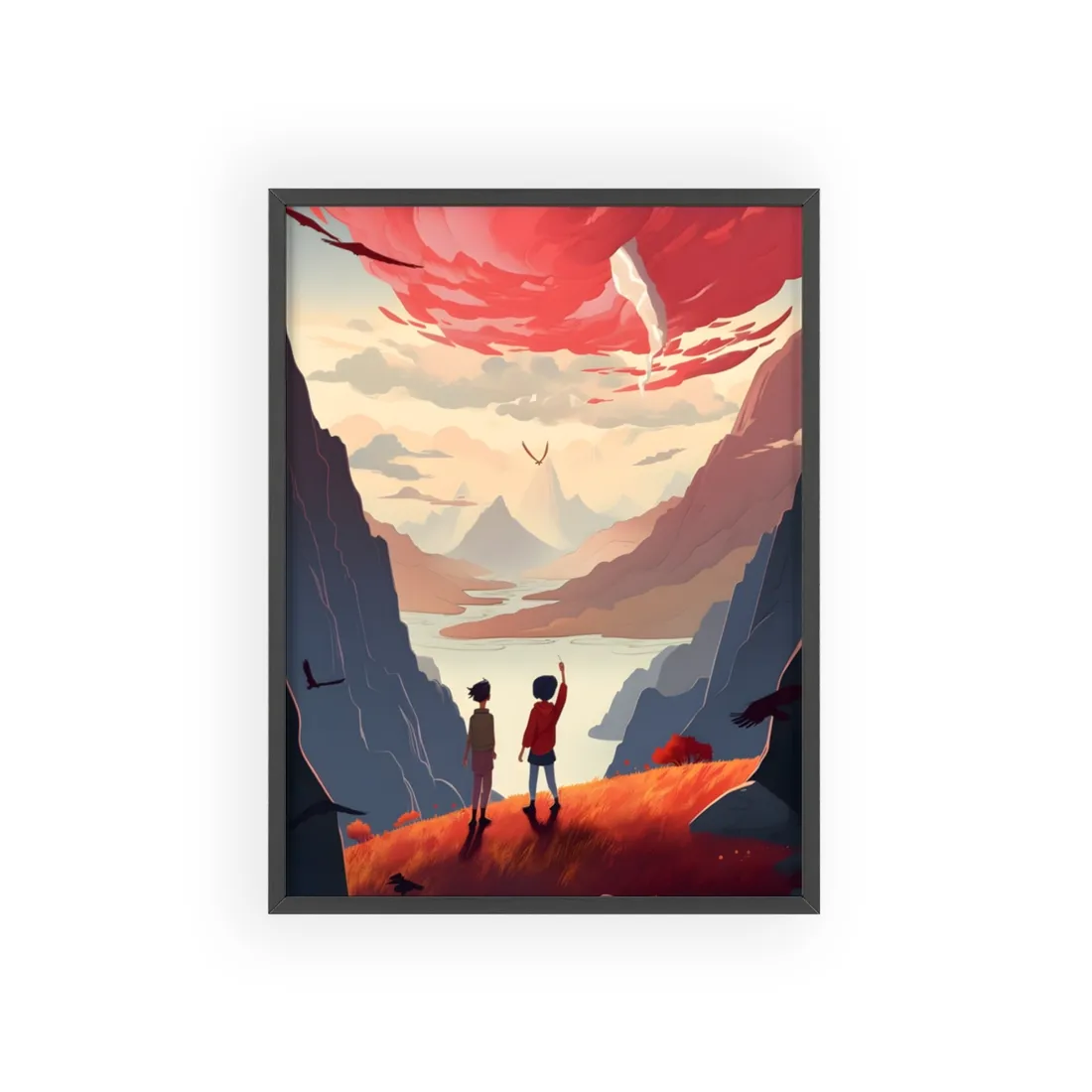 Serene Meadow Scene: Girl & Boy Under Cloudy Sky - Framed Poster