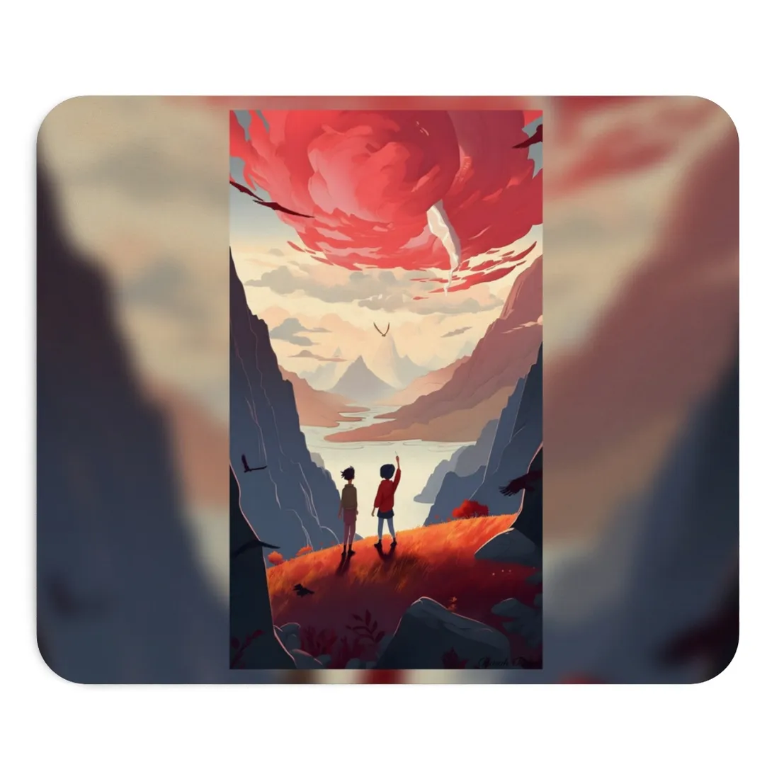 Serene Meadow Scene: Girl & Boy Under Cloudy Sky - Mouse Pad