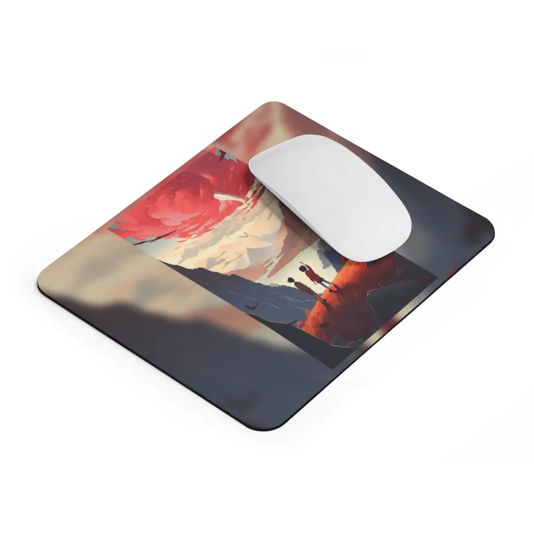 Serene Meadow Scene: Girl & Boy Under Cloudy Sky - Mouse Pad