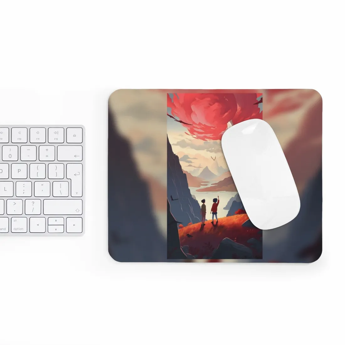 Serene Meadow Scene: Girl & Boy Under Cloudy Sky - Mouse Pad
