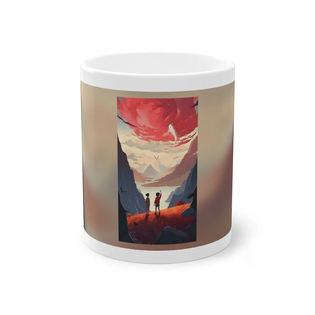 Serene Meadow Scene: Girl & Boy Under Cloudy Sky - Mug