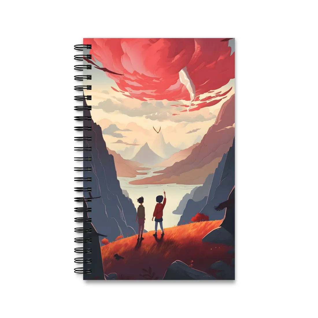 Serene Meadow Scene: Girl & Boy Under Cloudy Sky - Spiral Notebook
