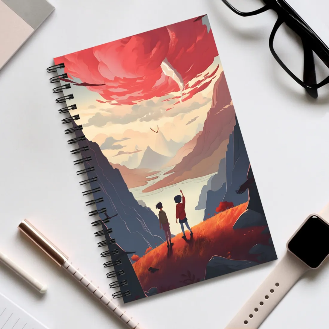 Serene Meadow Scene: Girl & Boy Under Cloudy Sky - Spiral Notebook