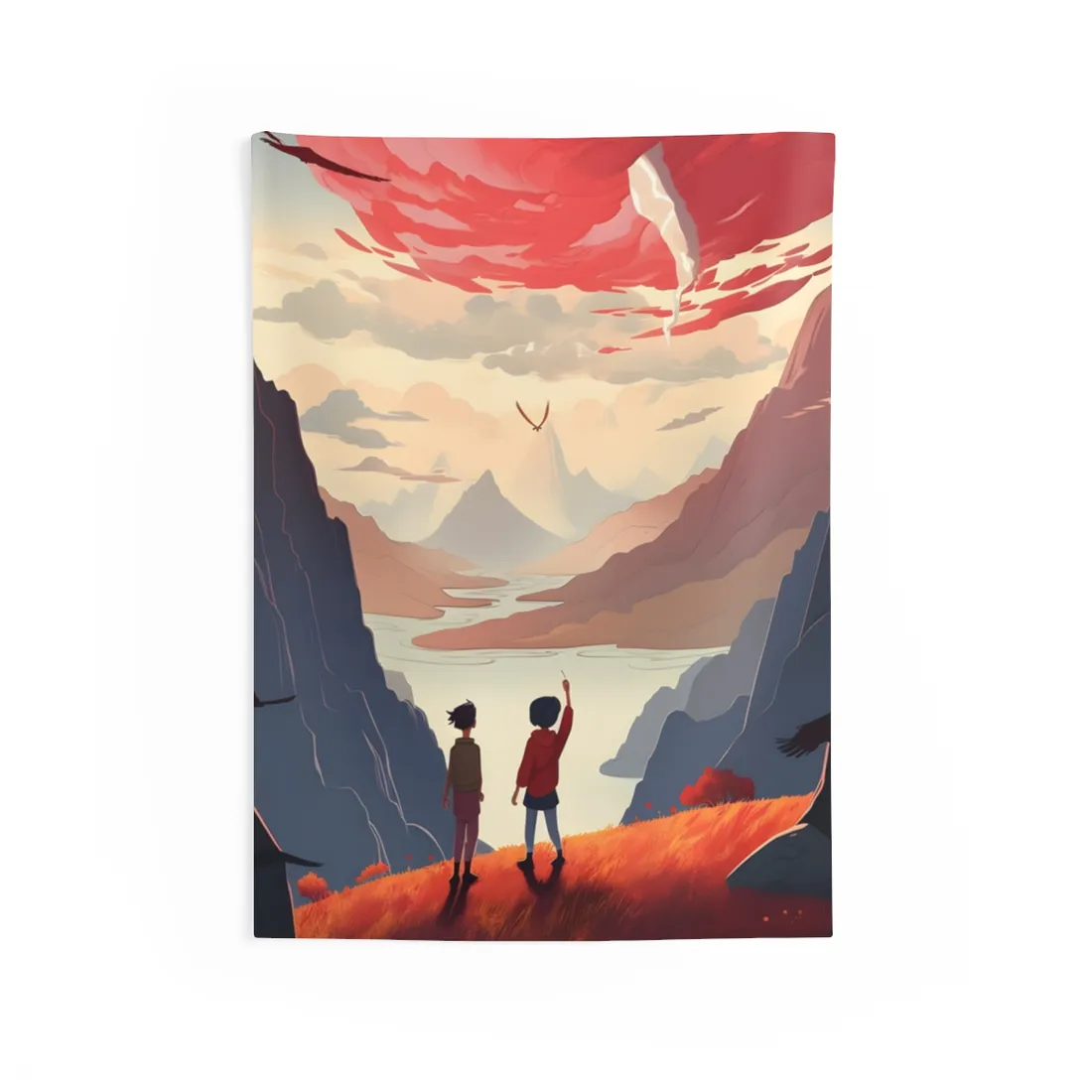 Serene Meadow Scene: Girl & Boy Under Cloudy Sky - Wall Tapestry