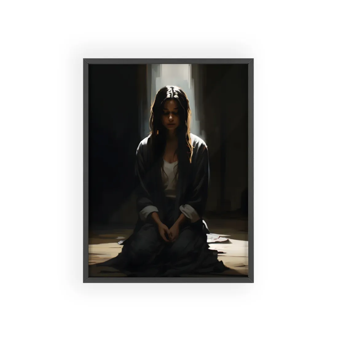 Serene Moment: Digital Artwork of a Person in Front of a Building with Trees - Framed Poster