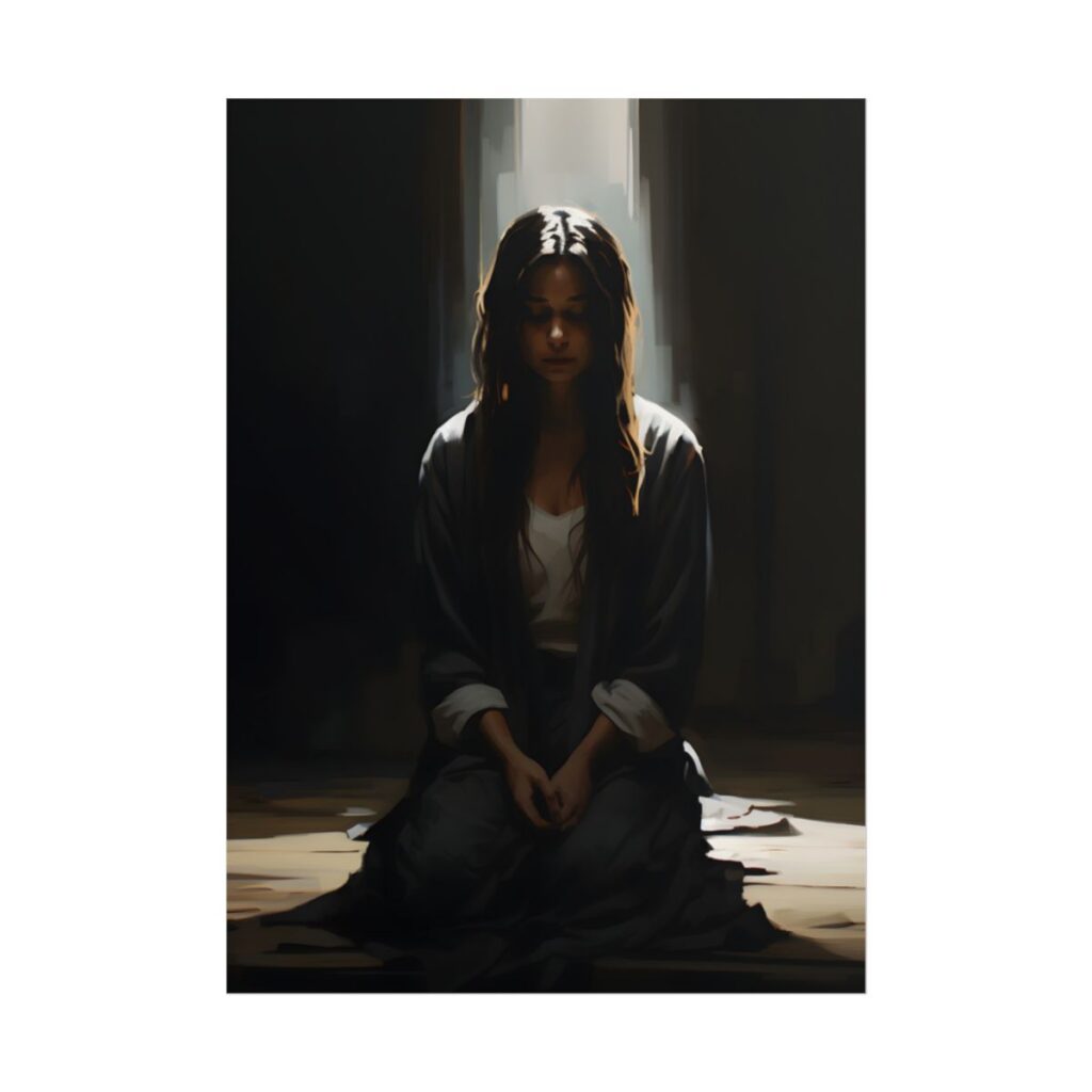 Serene Moment: Digital Artwork of a Person in Front of a Building with Trees - Poster