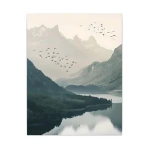 Mountain Lake with Flying Birds Canvas Print