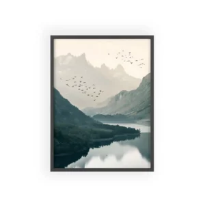 Mountain Lake with Flying Birds Framed Poster