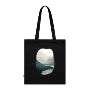 Mountain Lake with Flying Birds Tote Bag