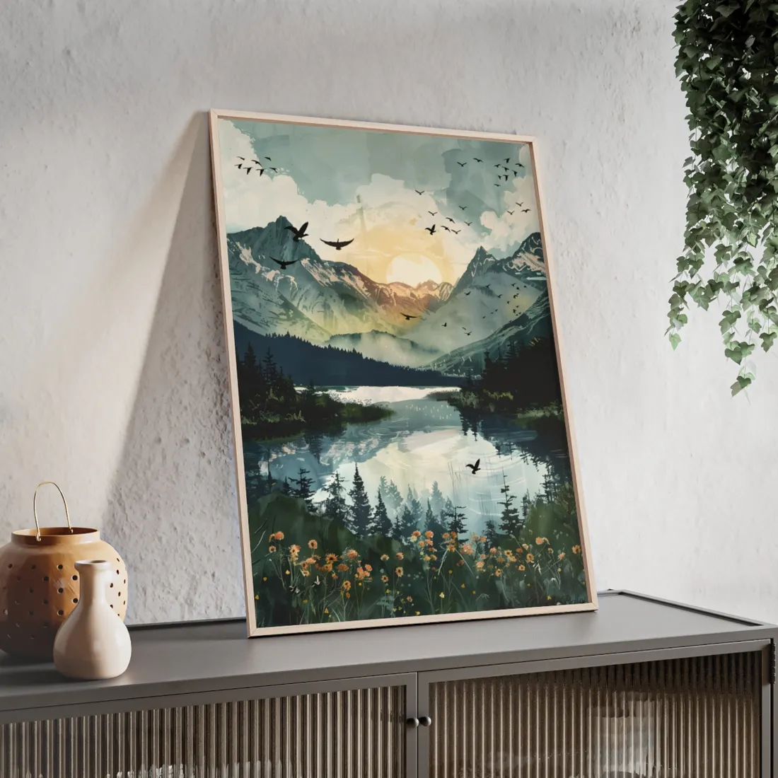 Serene Mountain Lake: Birds in Flight - Natural Art - Framed Poster