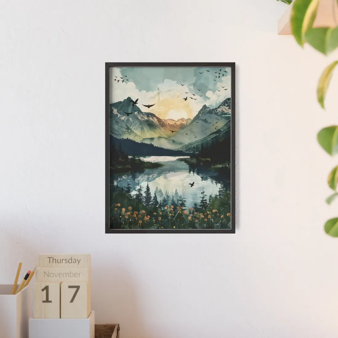 Serene Mountain Lake: Birds in Flight - Natural Art - Framed Poster