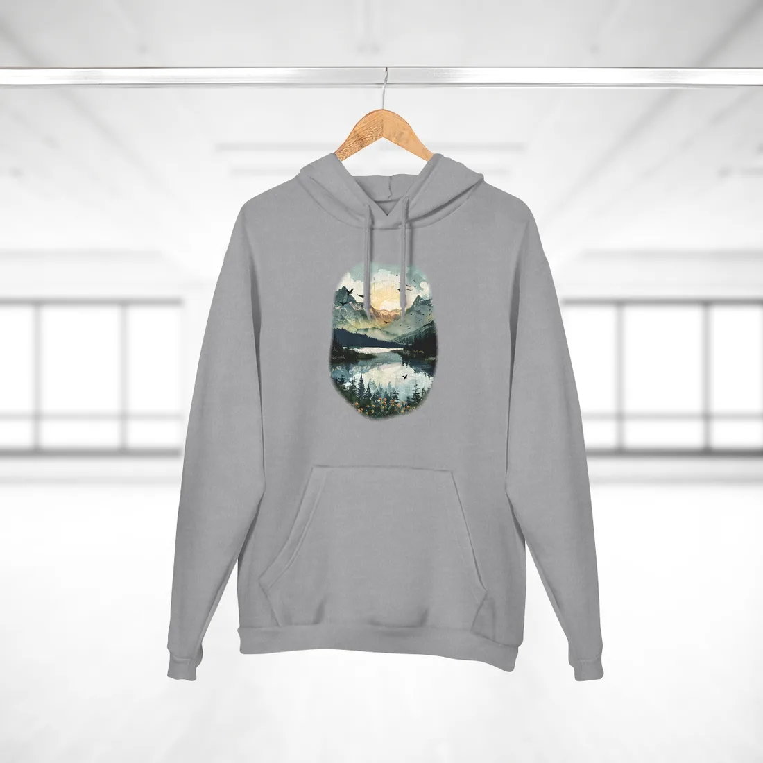 Serene Mountain Lake: Birds in Flight - Natural Art - Hoodie (Heather Grey)