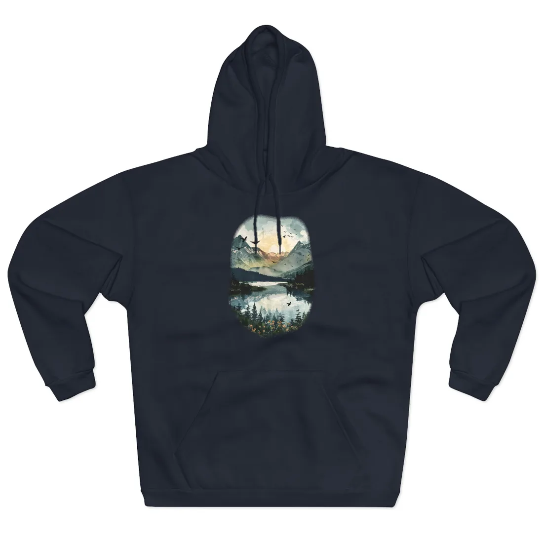 Serene Mountain Lake: Birds in Flight - Natural Art - Hoodie (Navy)