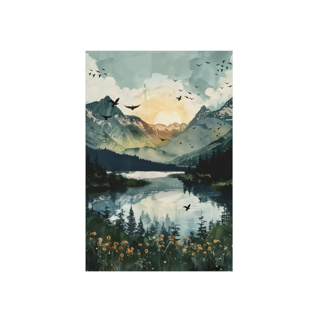 Serene Mountain Lake: Birds in Flight - Natural Art - Metal Poster