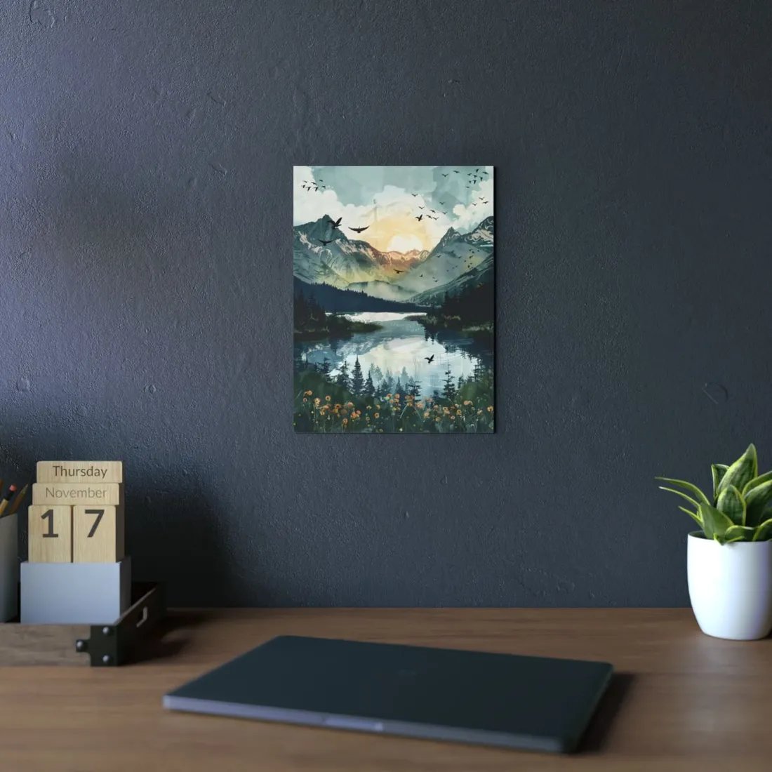 Serene Mountain Lake: Birds in Flight - Natural Art - Metal Poster