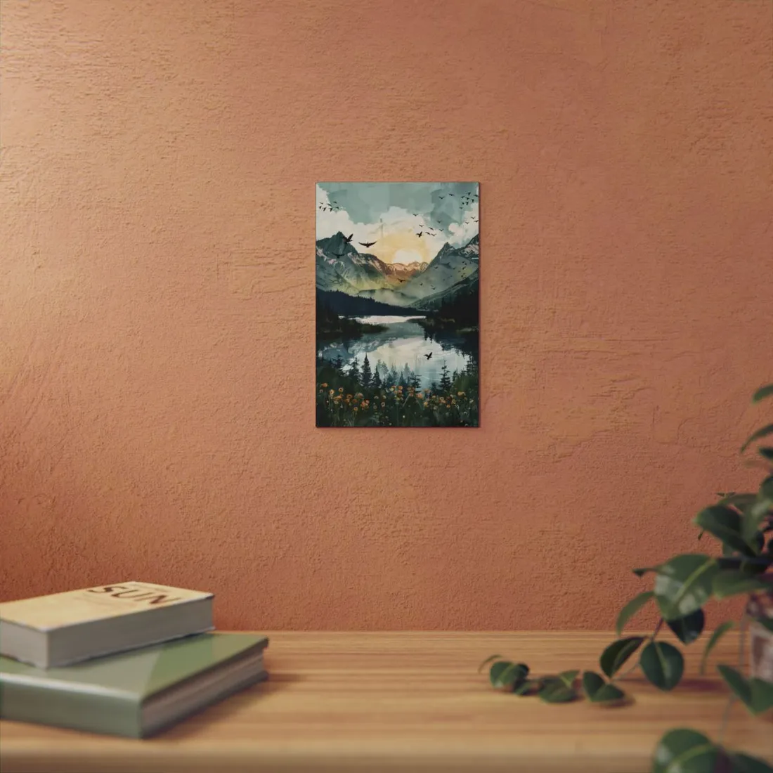 Serene Mountain Lake: Birds in Flight - Natural Art - Metal Poster