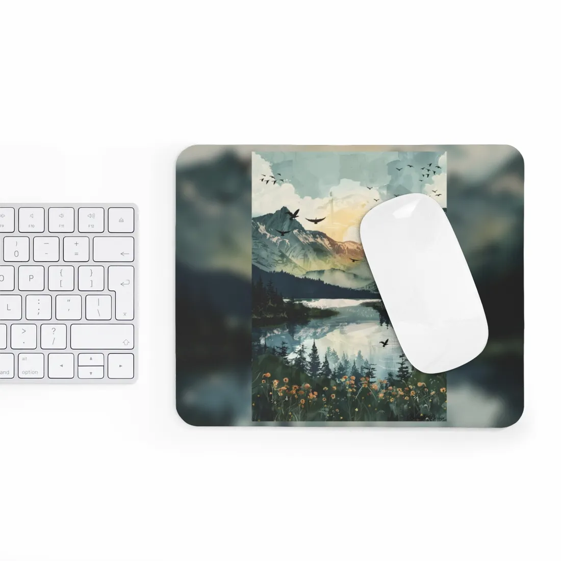 Serene Mountain Lake: Birds in Flight - Natural Art - Mouse Pad