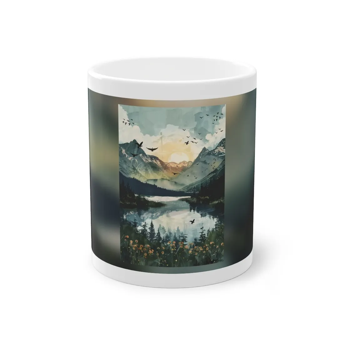 Serene Mountain Lake: Birds in Flight - Natural Art - Mug