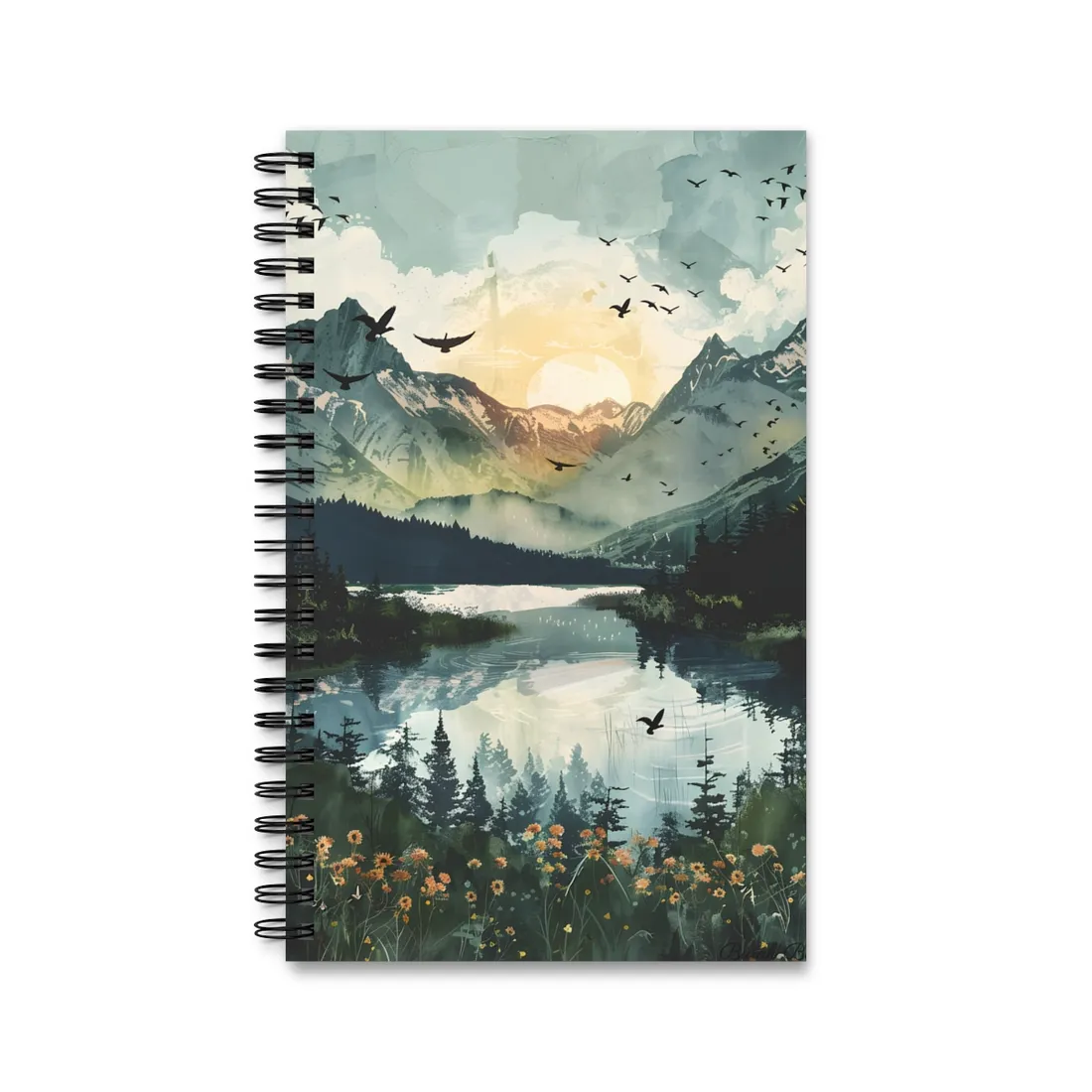 Serene Mountain Lake: Birds in Flight - Natural Art - Spiral Notebook