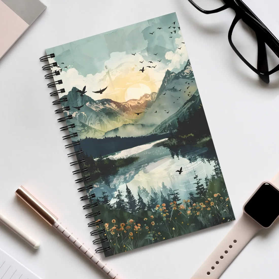 Serene Mountain Lake: Birds in Flight - Natural Art - Spiral Notebook