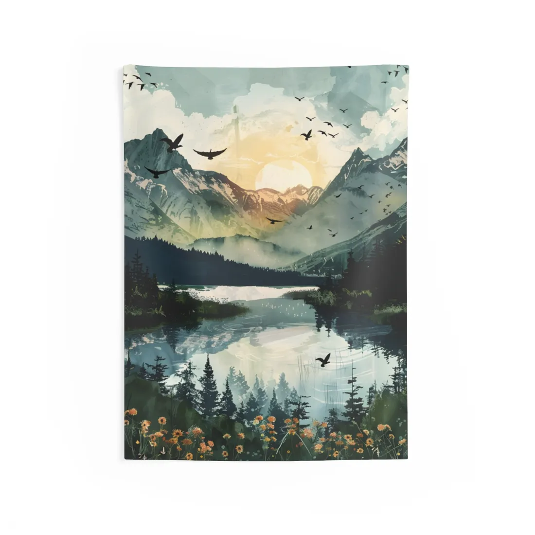 Serene Mountain Lake: Birds in Flight - Natural Art - Wall Tapestry