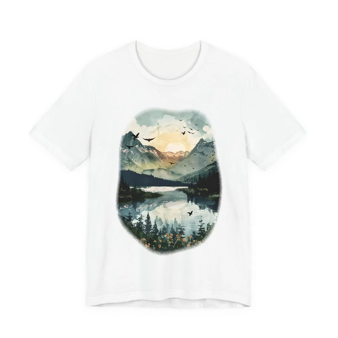 Serene Mountain Lake: Birds in Flight - Natural Art - T-Shirt (White)