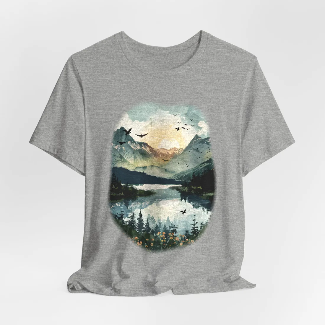 Serene Mountain Lake: Birds in Flight - Natural Art - T-Shirt (Athletic Heather)