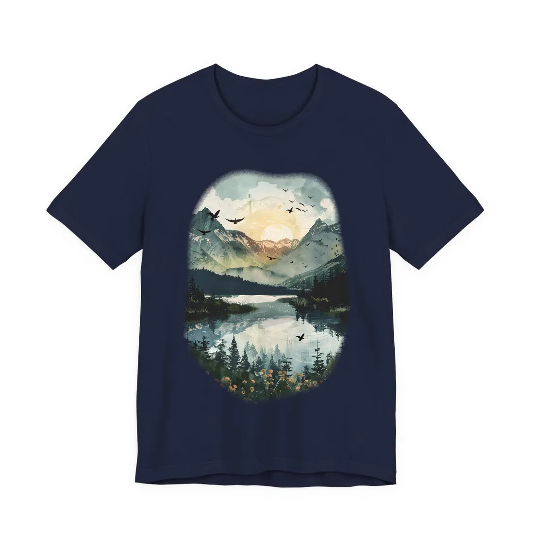Serene Mountain Lake: Birds in Flight - Natural Art - T-Shirt (Navy)