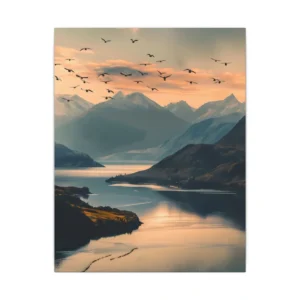 Birds Flying over Mountain Lake Canvas Print