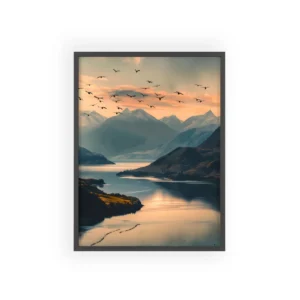 Birds Flying over Mountain Lake Framed Poster