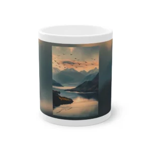 Birds Flying over Mountain Lake Mug