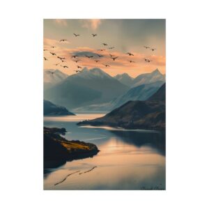 Birds Flying over Mountain Lake Poster