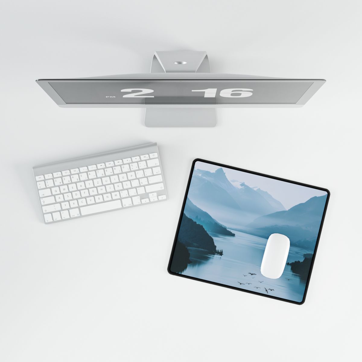 Serene Mountain Lake: Vibrant Birds Eye View Art - Desk Mat