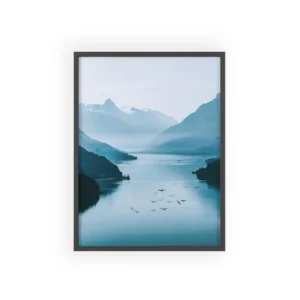 Misty Mountain Lake with Birds Framed Poster