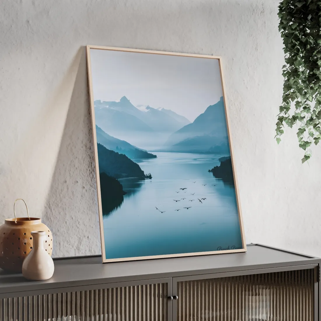 Serene Mountain Lake: Vibrant Birds Eye View Art - Framed Poster