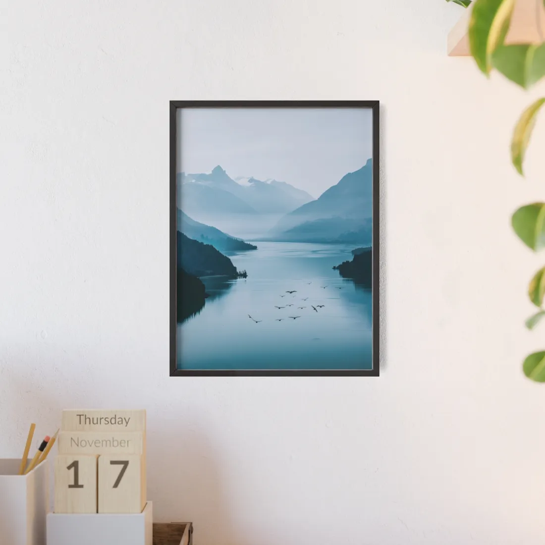 Serene Mountain Lake: Vibrant Birds Eye View Art - Framed Poster