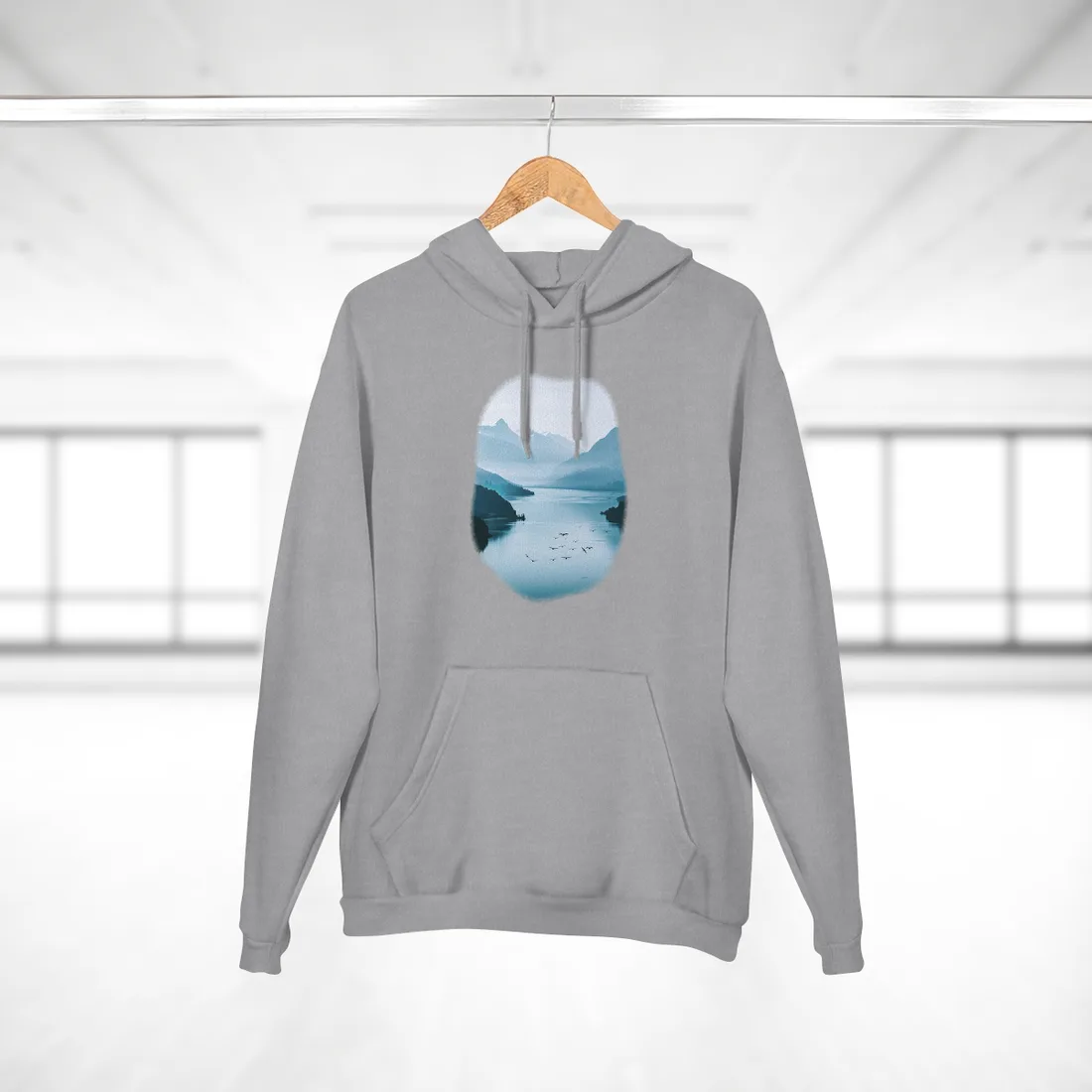 Serene Mountain Lake: Vibrant Birds Eye View Art - Hoodie (Heather Grey)