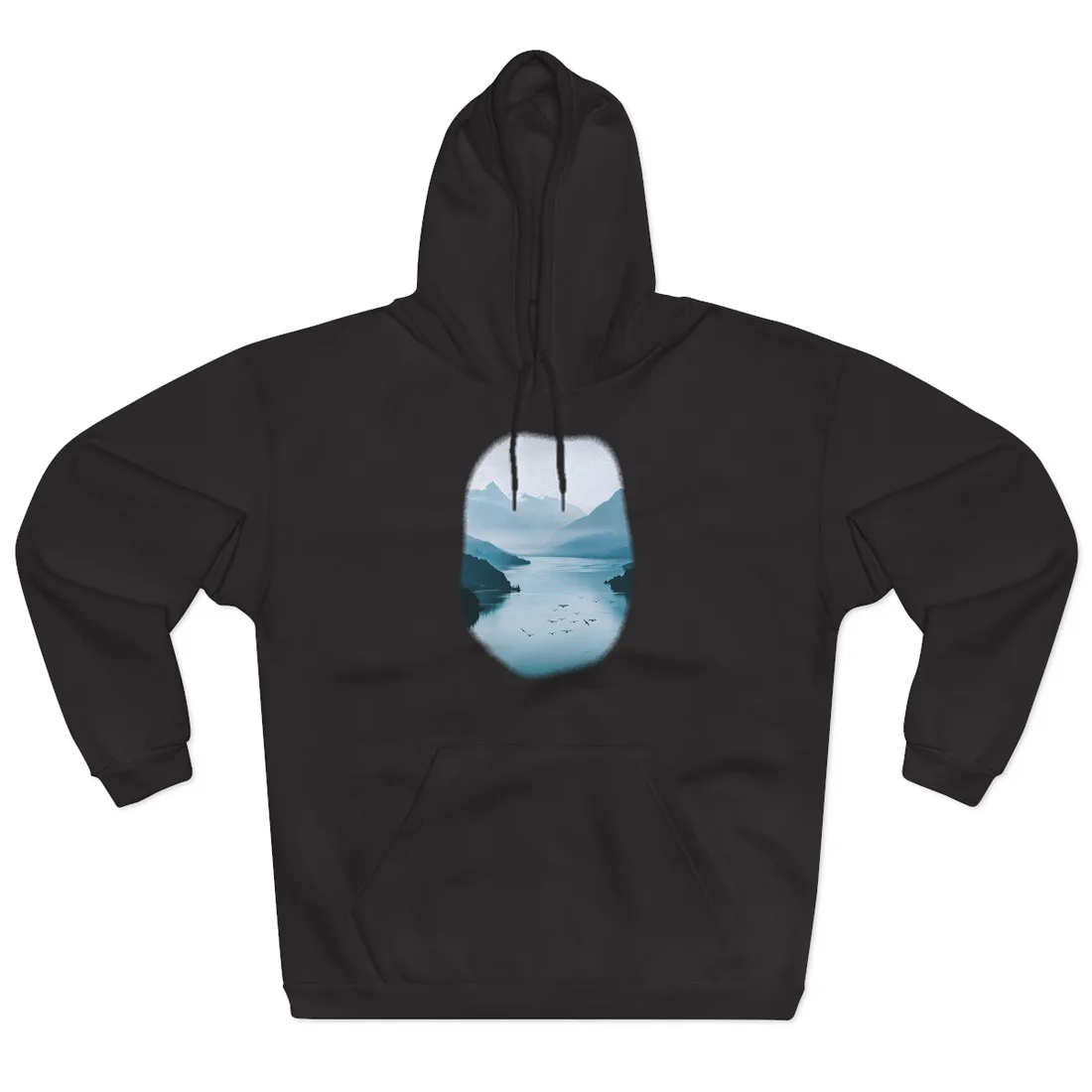 Serene Mountain Lake: Vibrant Birds Eye View Art - Hoodie (Black)
