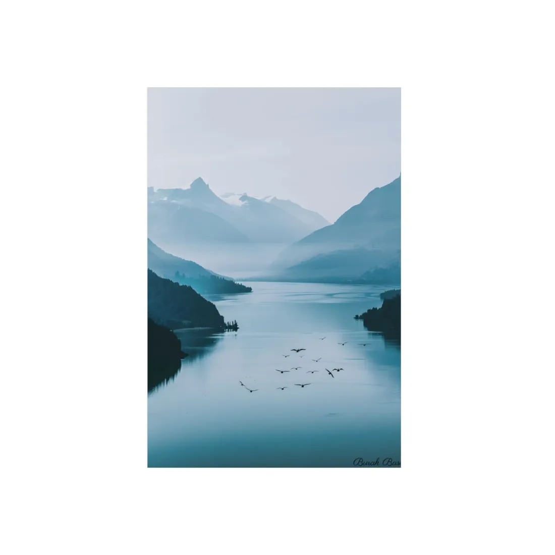 Serene Mountain Lake: Vibrant Birds Eye View Art - Metal Poster