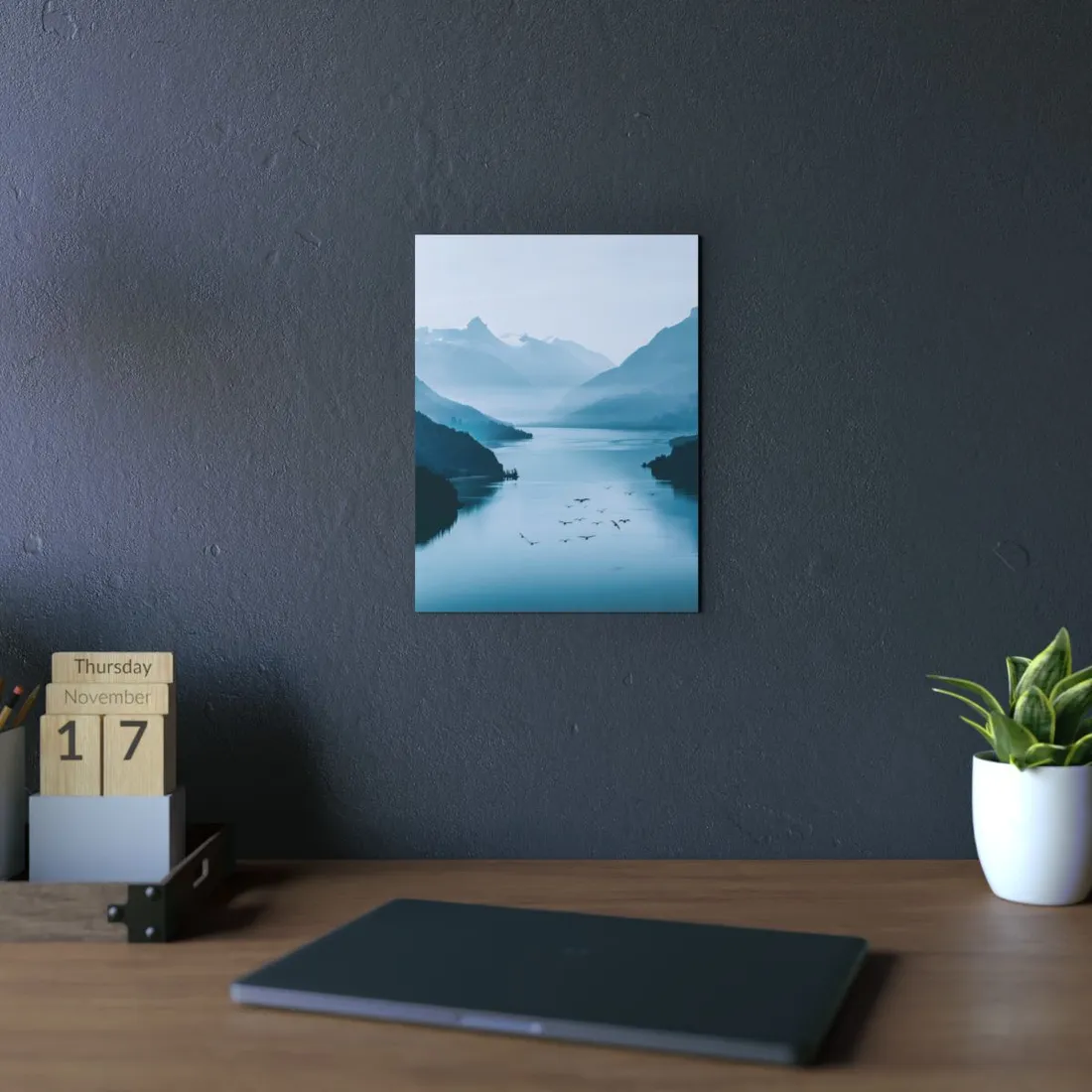 Serene Mountain Lake: Vibrant Birds Eye View Art - Metal Poster